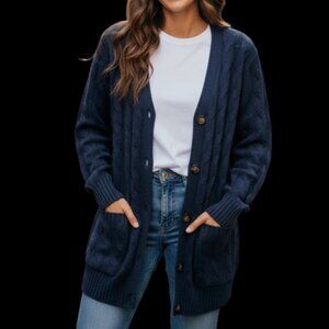 Merokeety Navy Blue Long Sleeve Button Up Cardigan Sweater-Size XL-Brand New